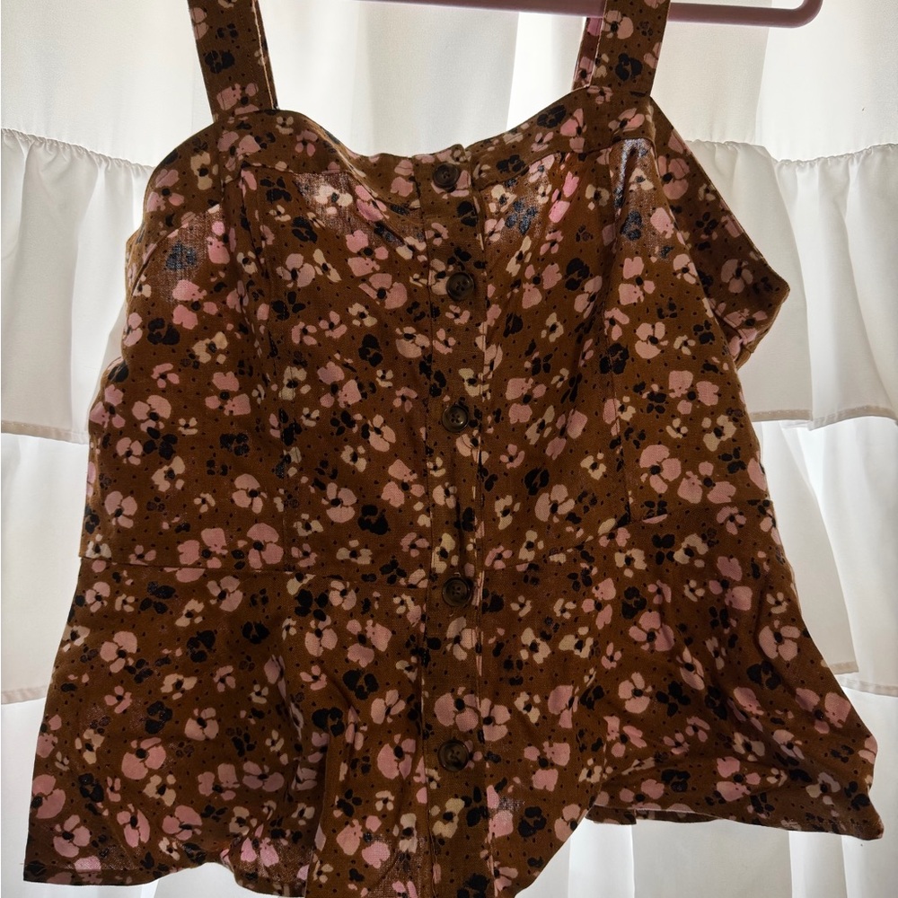 Who What Wear Floral Button-Up Top in Brown and Pink